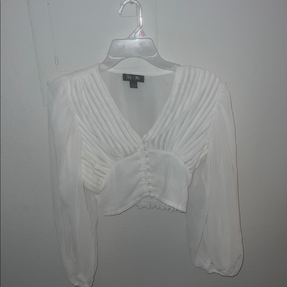 Rainbow White Crop Blouse with Bib Collar (NEVER WORN)